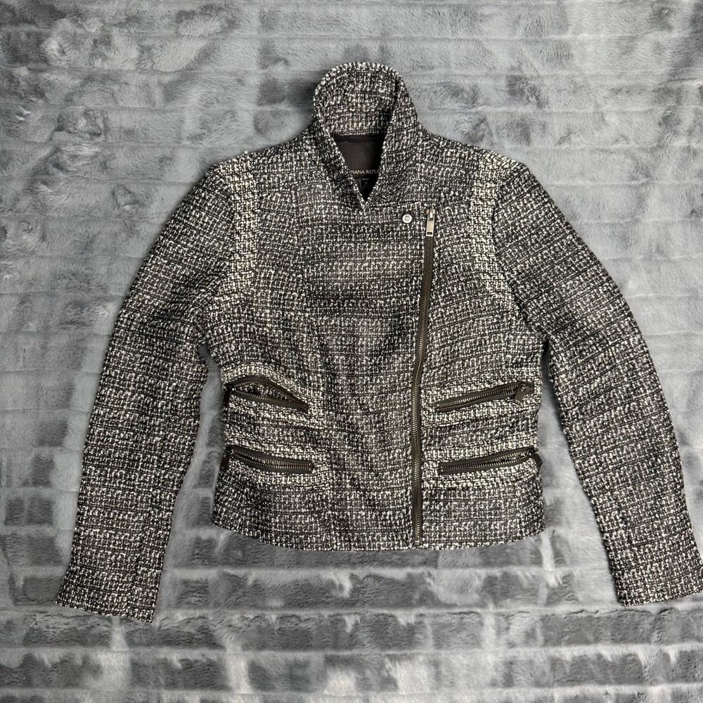 Banana Republic Tweed Moto Jacket Womens 2P Black White Asymmetrical Zip Funnel